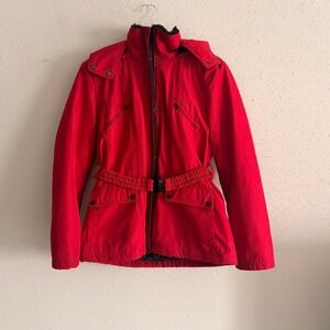 Jessica Simpson Red Hooded Utility Jacket Belted Quilted Lining Faux Fur Large